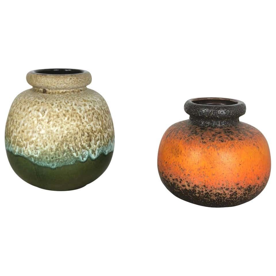 Set Of Two Pottery Fat Lava Vases "Multi Color" By Scheurich, Germany, 1970s