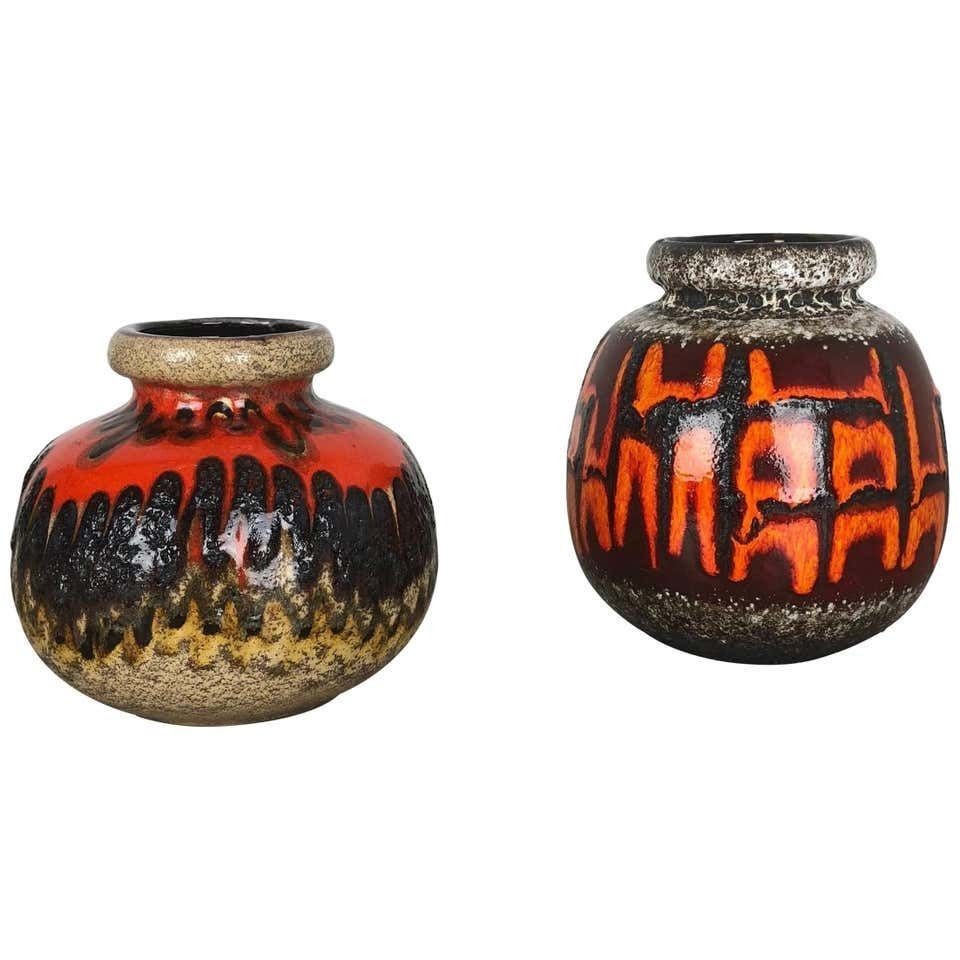 Set Of Two Pottery Fat Lava Vases "Multi Color" By Scheurich, Germany, 1970s