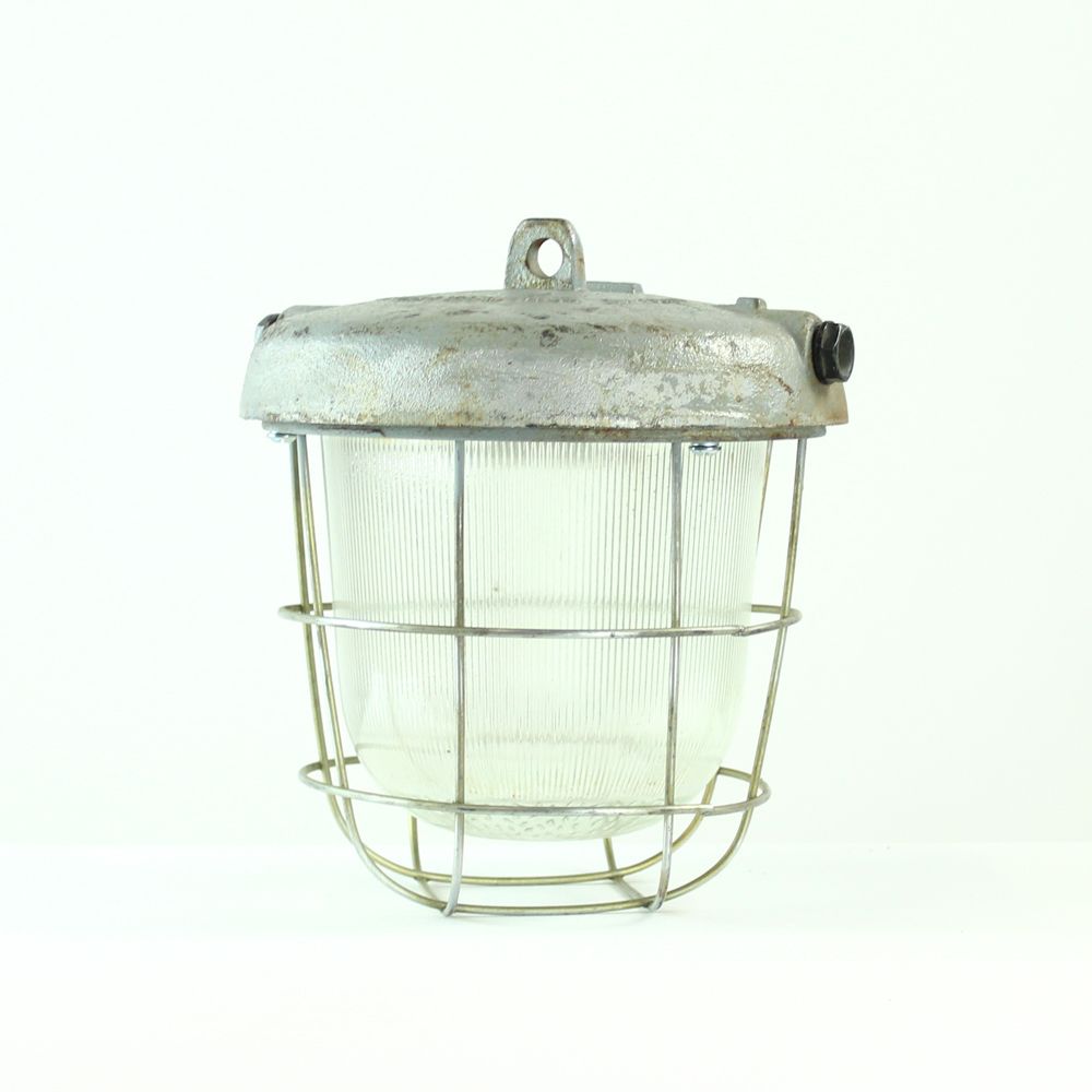 Industrial Ceiling Light In Metal And Glass, Czechoslovakia 1950s