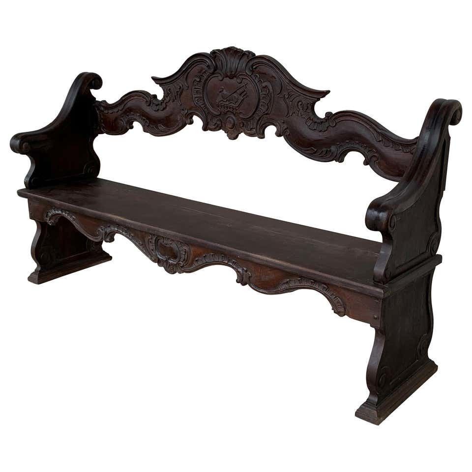 19th Century French Hand Carved Oak Settee Or Park Bench