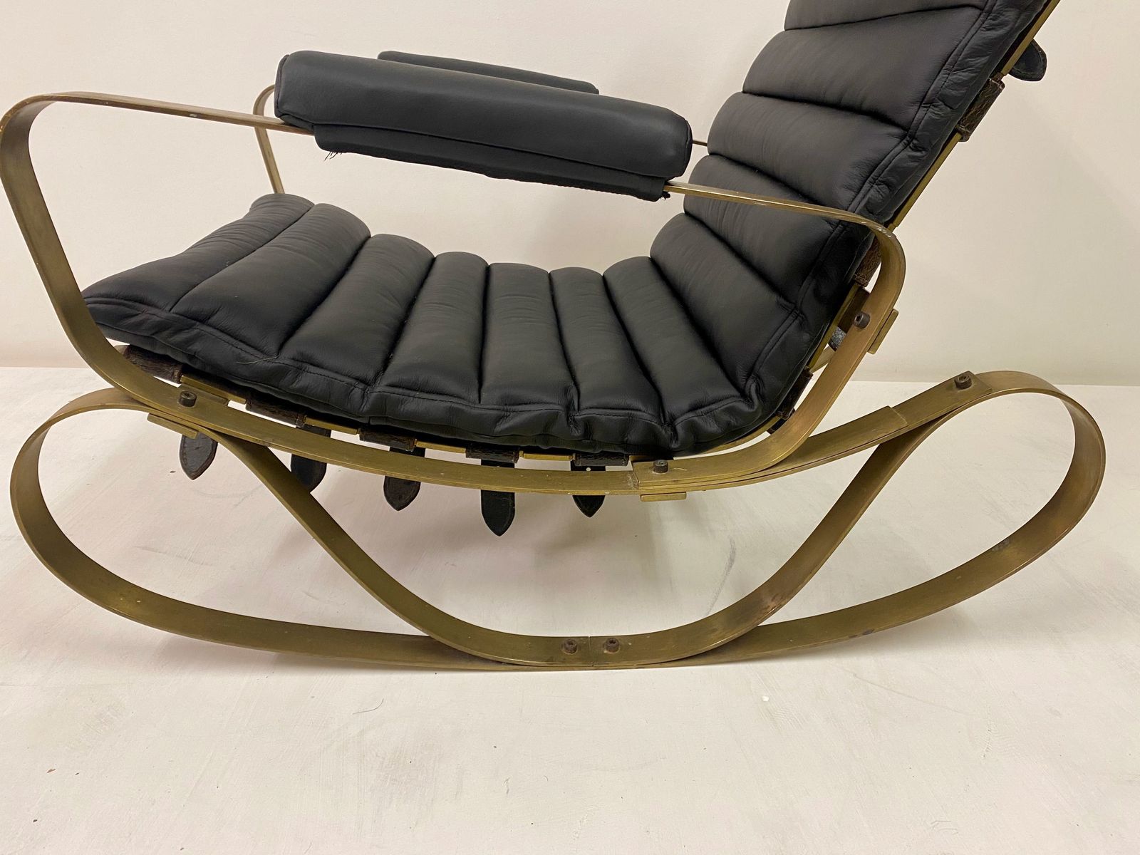 1970s Italian Brass And Black Leather Rocking Chair By Luciano Frigerio photo 2695.0