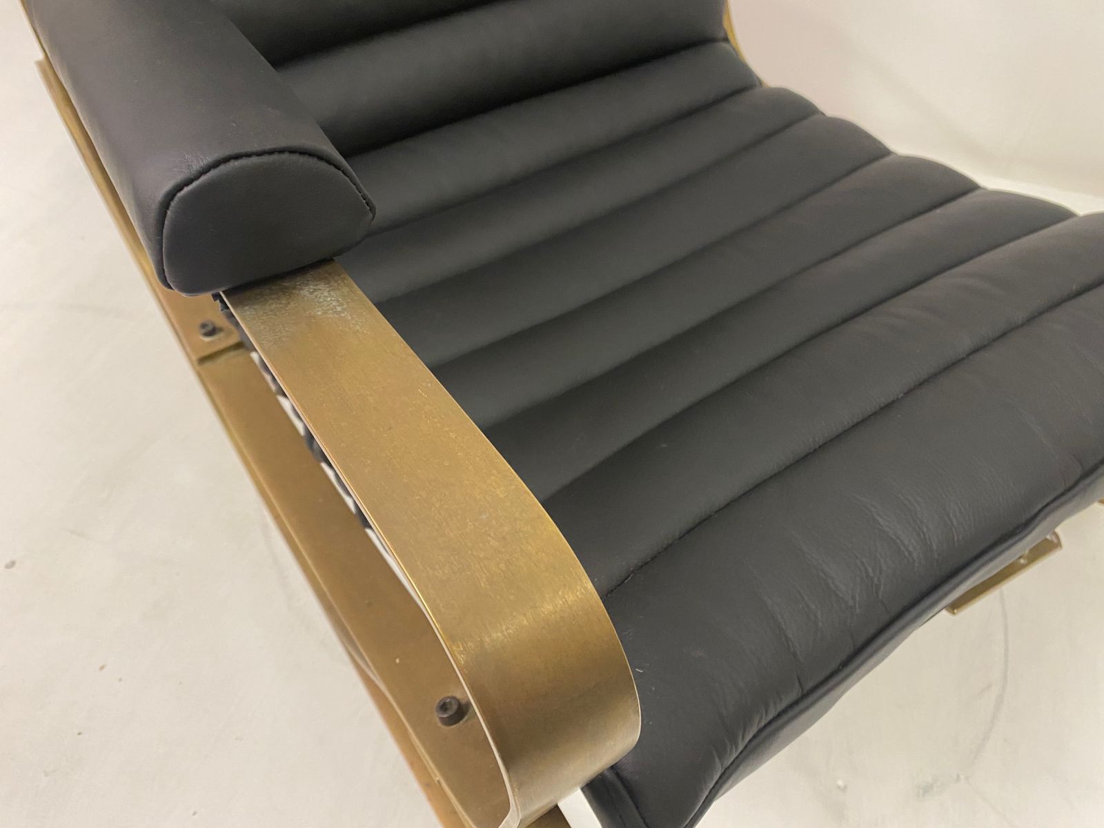 photo buy 1970s Italian Brass And Black Leather Rocking Chair By Luciano Frigerio