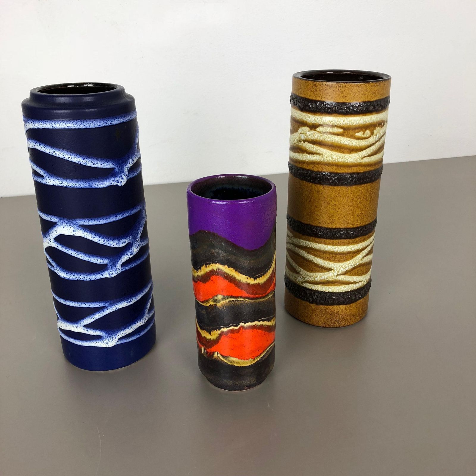 Set Of Three 1970s Pottery Fat Lava "Tube" Vases Made By Scheurich, Germany photo for sale