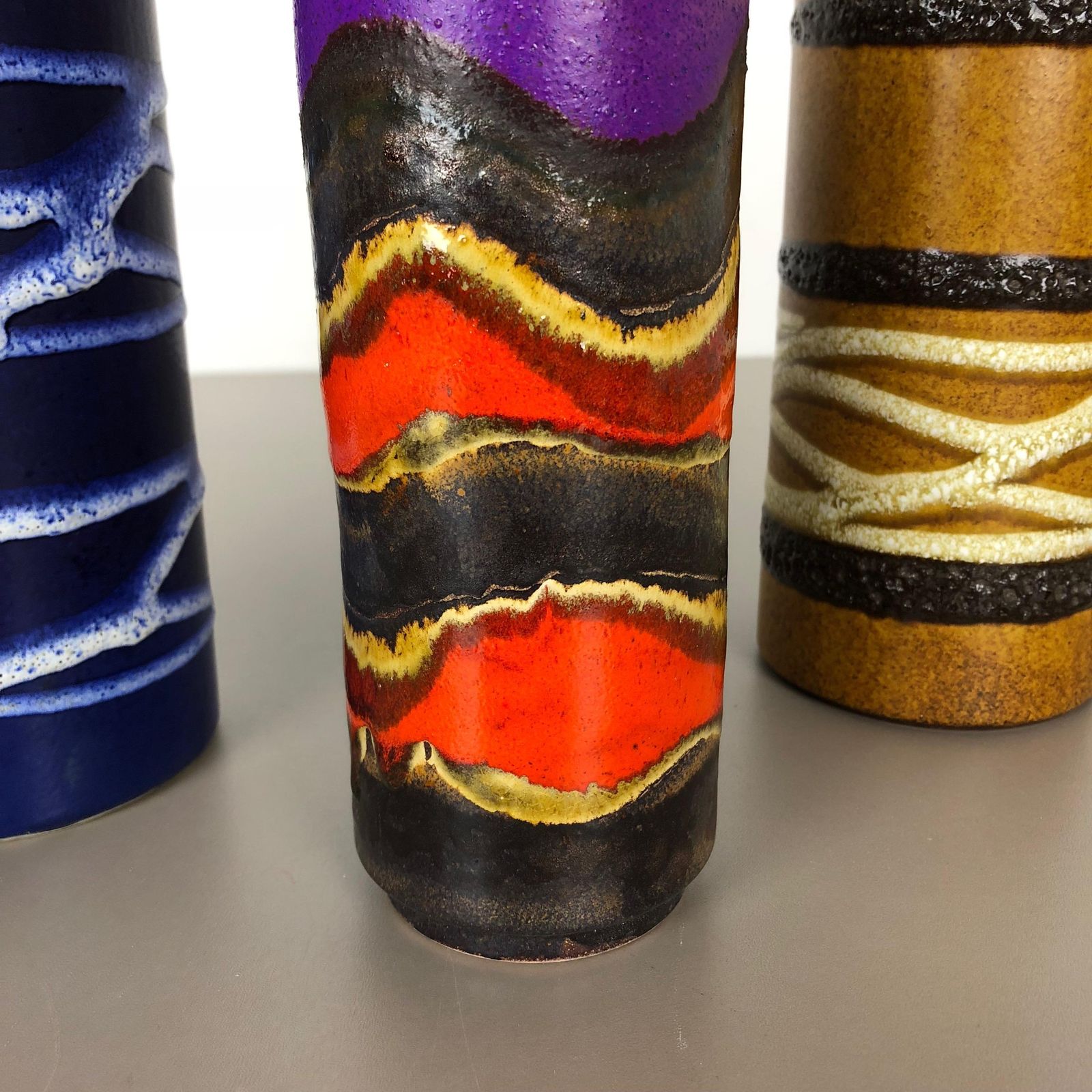 Set Of Three 1970s Pottery Fat Lava "Tube" Vases Made By Scheurich, Germany photo buy