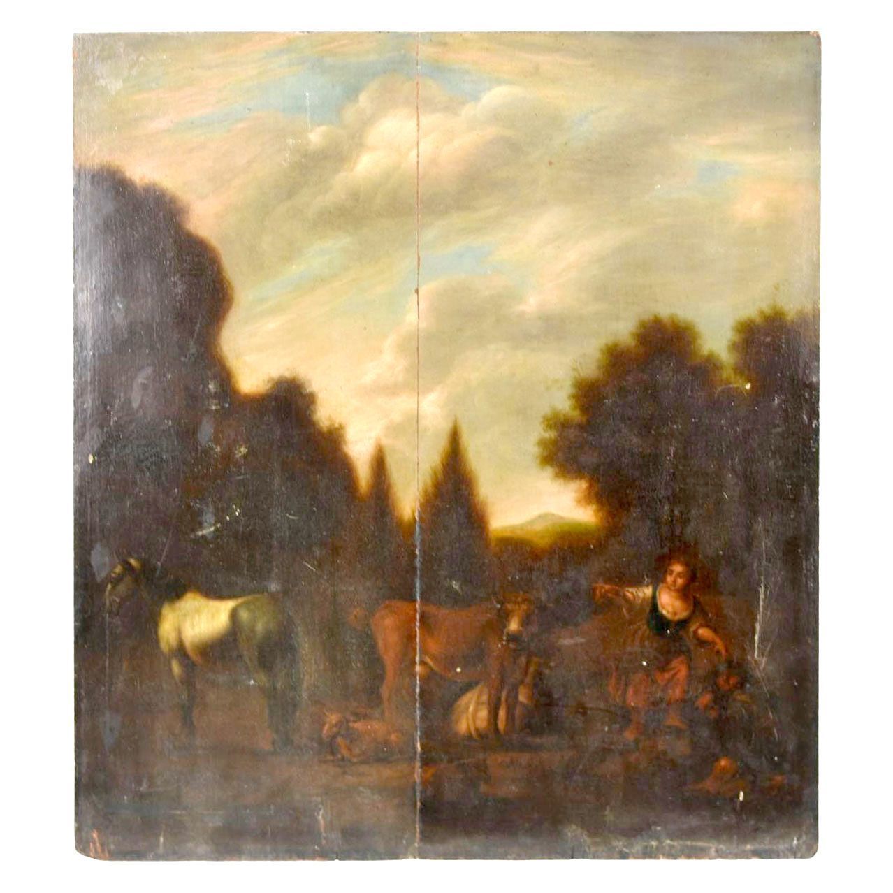 Pastoral Painting With Cows And Donkey 18th Century French School Oil On Wood