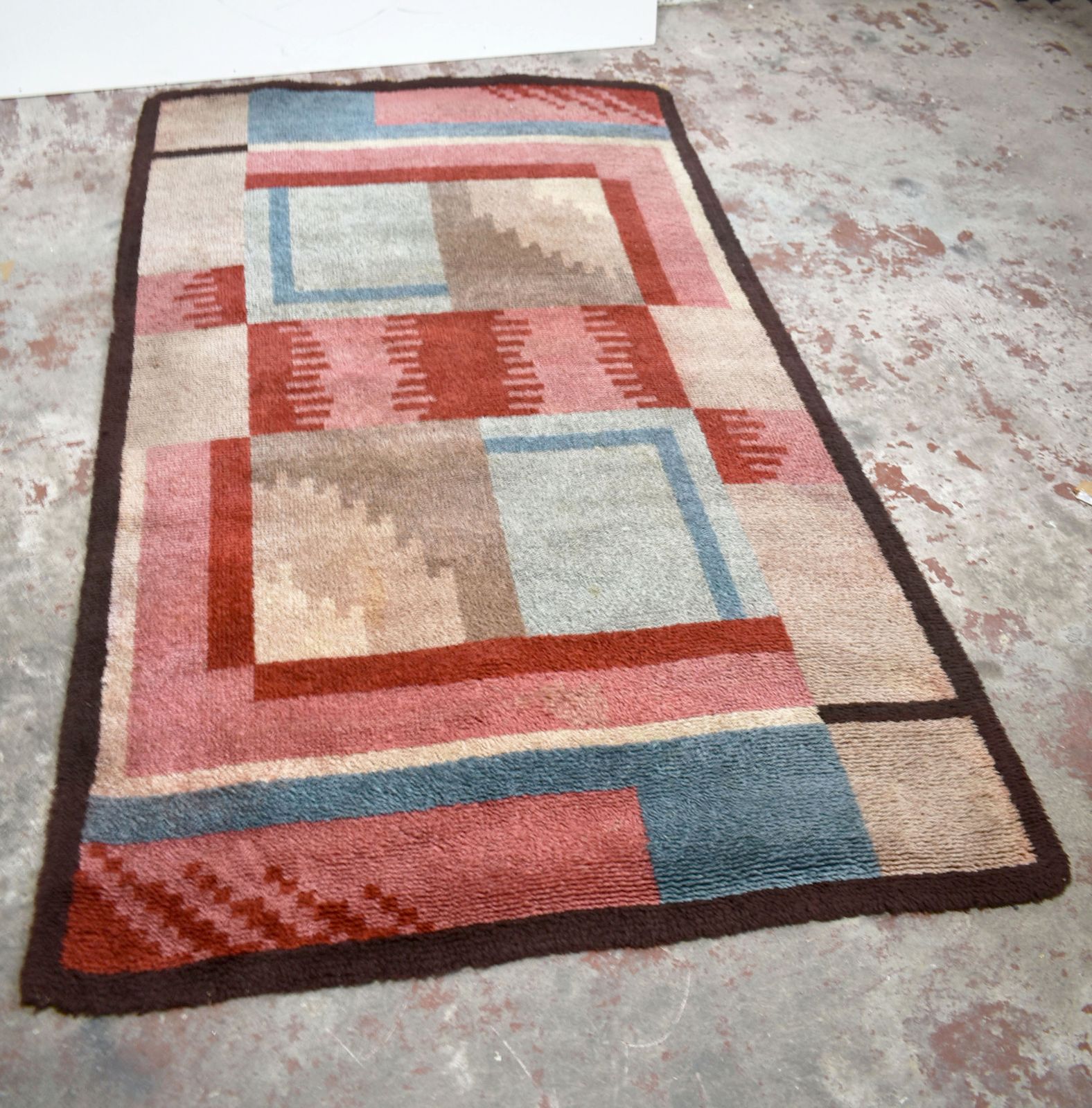 French Art Deco Futurist Handwoven Wool Rug With Abstract Art, 1930's photo vinterior