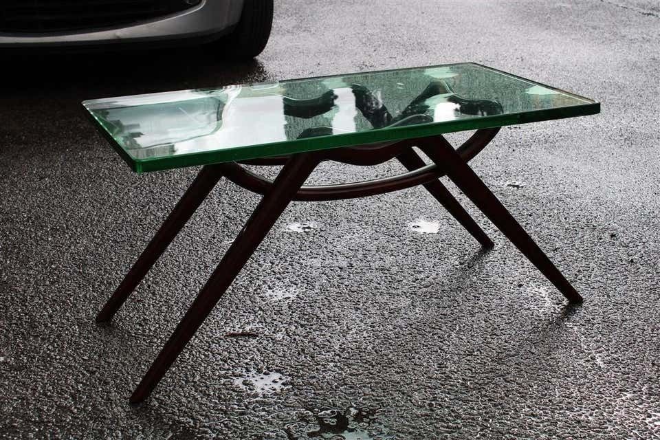 3050.0 Table Coffee Midcentury Design Glass Top Foot Curved Mahogany Wood Fontana Arte photo