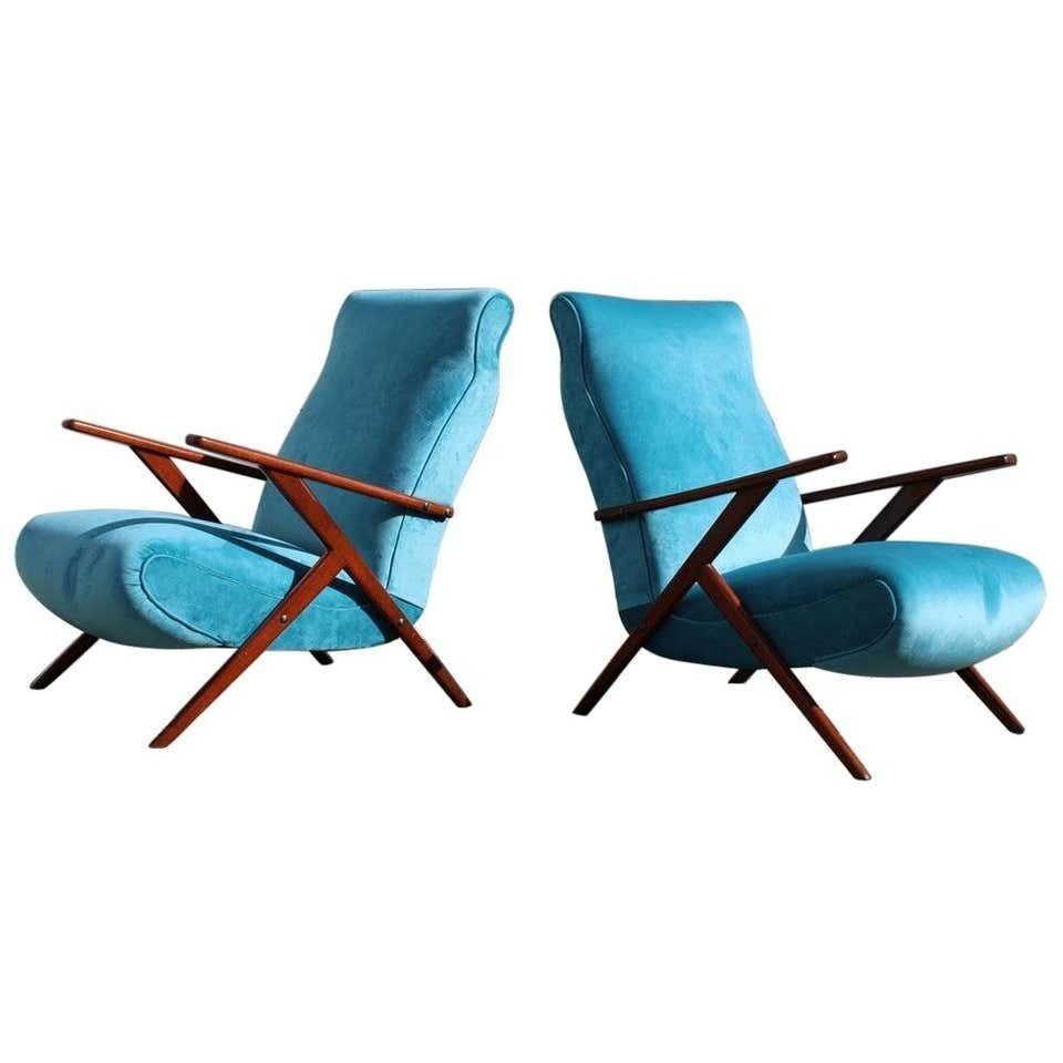 Pair Of Italian Midcentury Design Mahogany Turquoise Minimal Geometric Design