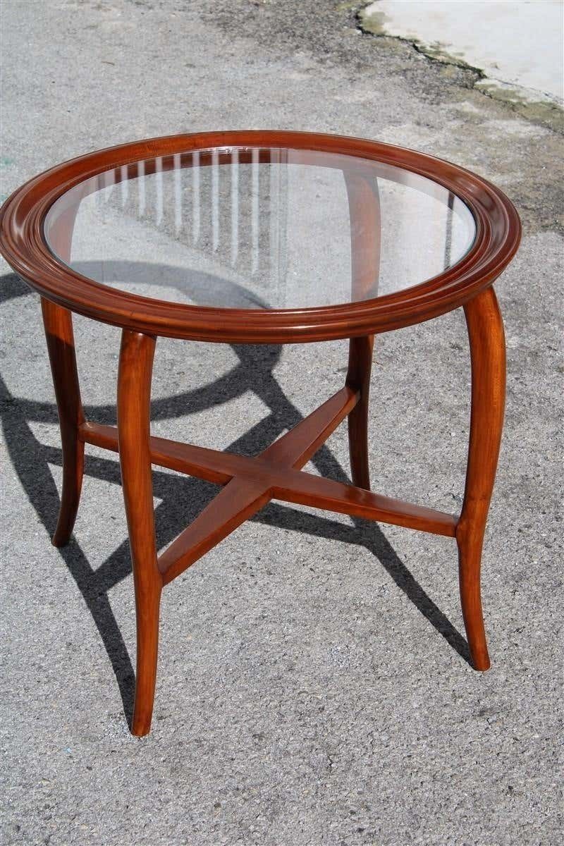 Round Midcentury Italian Table Coffee Cherrywood Glass Top Cuved Wood photo for sale