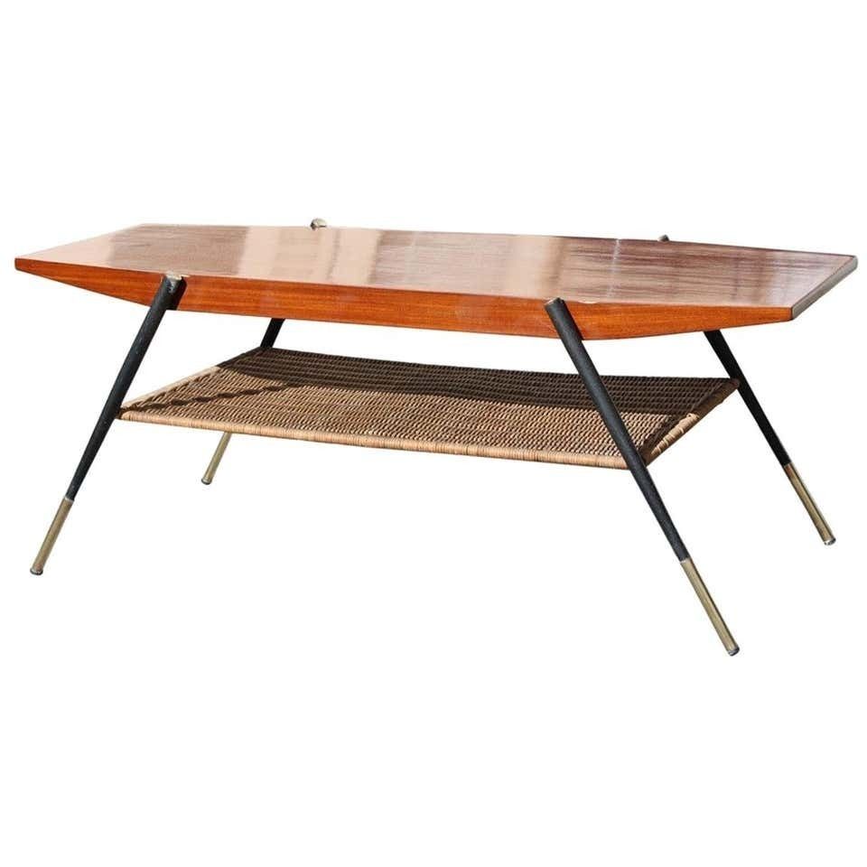 Midcentury Italian Coffee Table In Mahogany Metal Brass And Bamboo Straw, 1950s