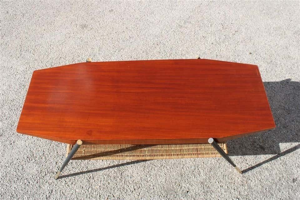 Midcentury Italian Coffee Table In Mahogany Metal Brass And Bamboo Straw, 1950s photo buy