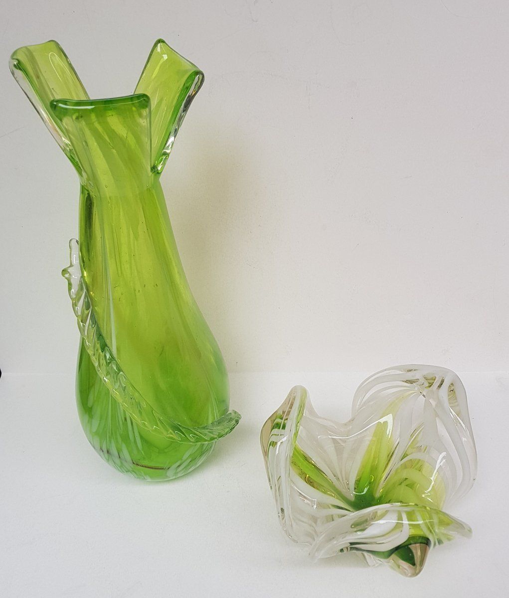Mid Century Murano Glass Art Pieces Vase And Bowl, Set Of 2