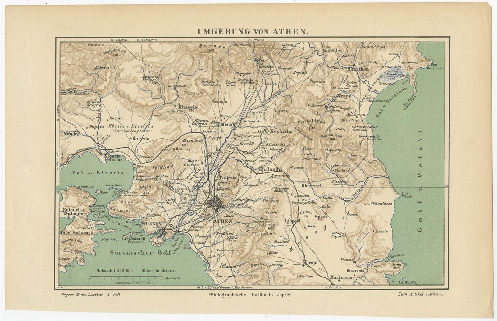 Antique Map Of The Region Of Athens By Meyer (C.1893)