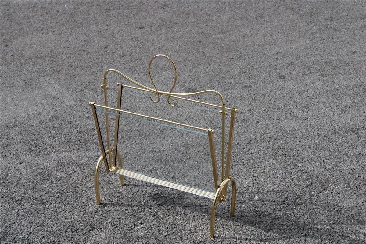 Italian Midcentury Magazine Rack Brass Gold Italian Design Transparent Glass photo furniture
