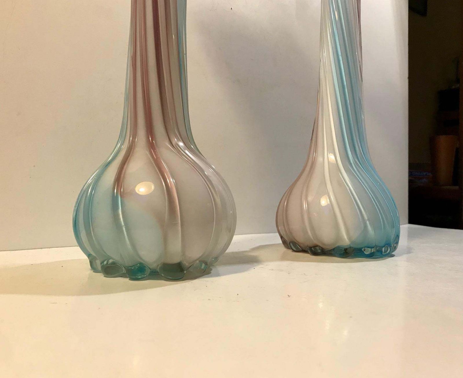 A Pair Of Pink, Blue And White Italian Jack In The Pulpit Glass Vases photo Home Decor