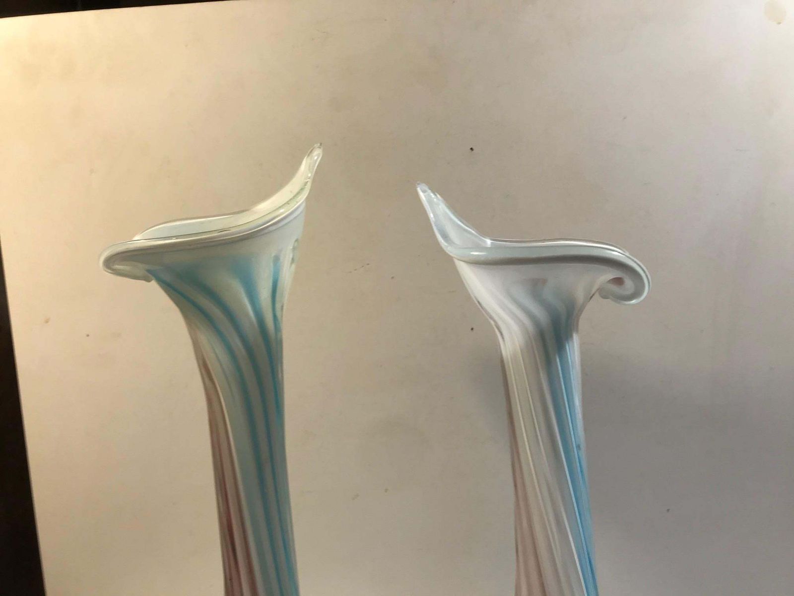 A Pair Of Pink, Blue And White Italian Jack In The Pulpit Glass Vases photo vinterior