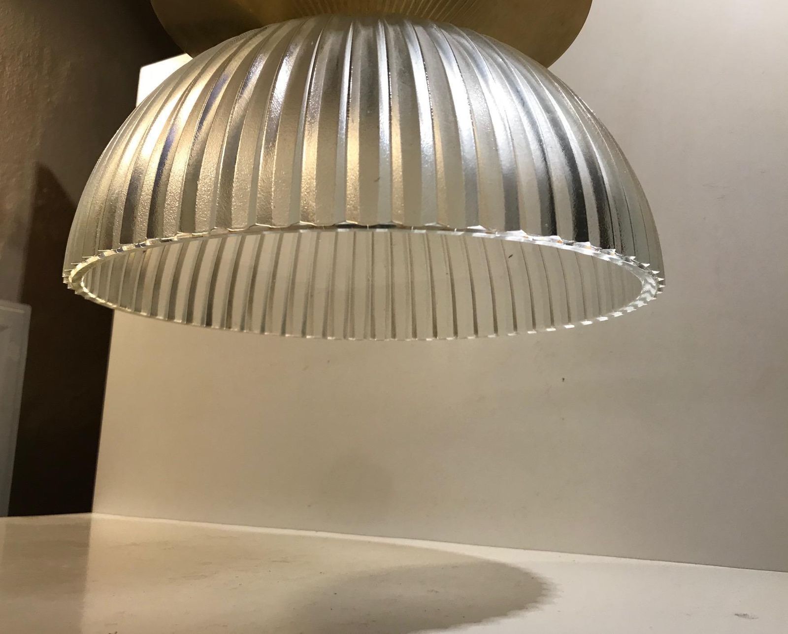 Scandinavian Fluted Glass And Brass Ceiling Lamp, 1970s photo Lighting