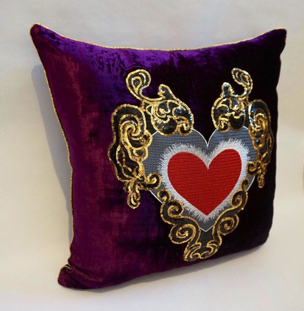 Purple Velvet Cushion With Red,Black And Gold Sequinned Love Heart And Scroll Appliqué.