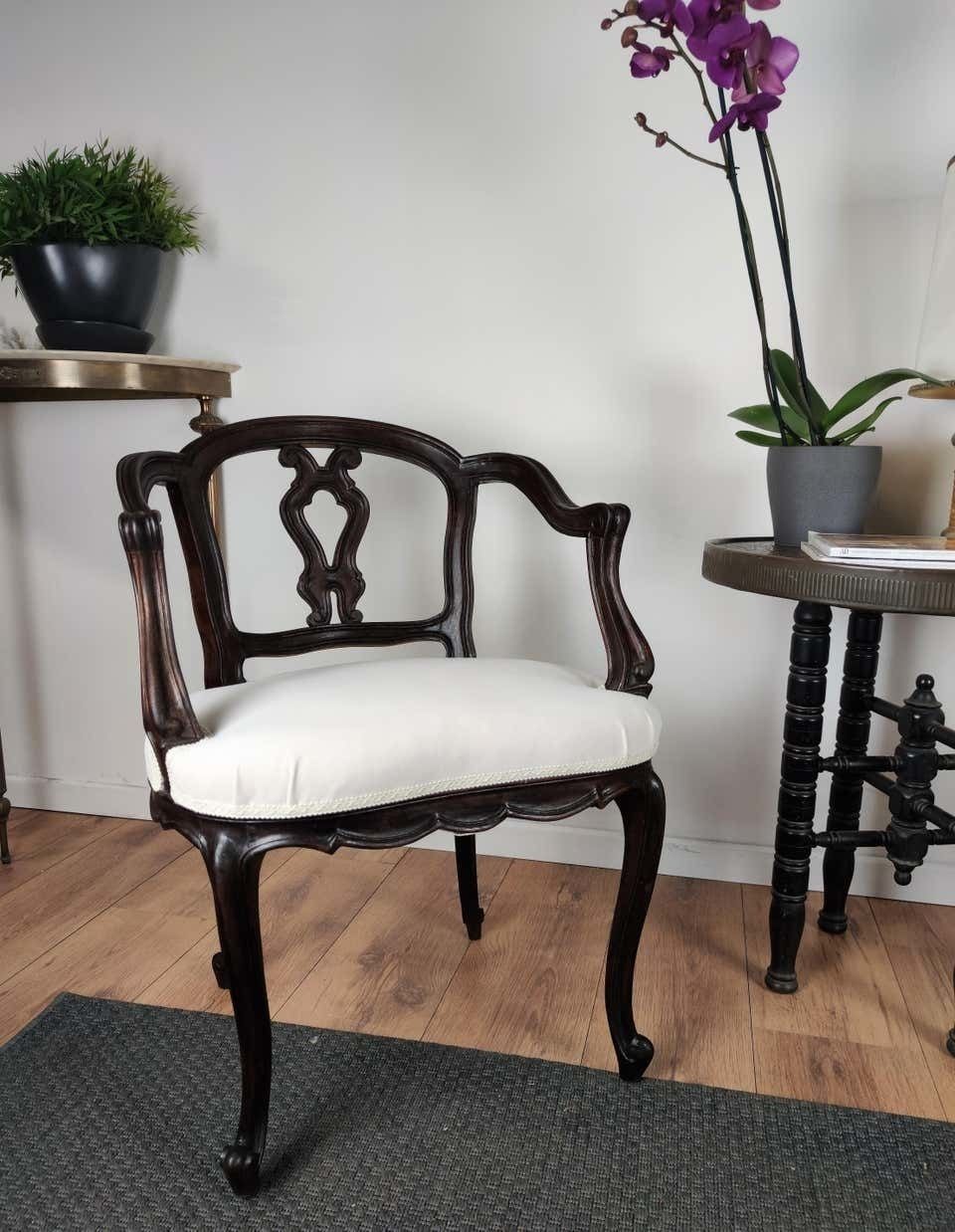 Pair Of 19th Century Italian Rococo Baroque Carved Wood Armchair Re Upholstered photo for sale