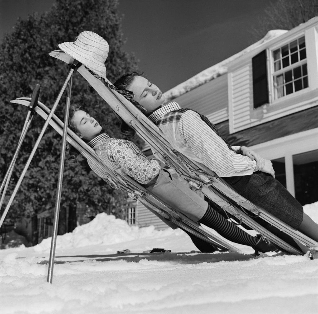 Slim Aarons 'New England Skiing' 1955 Silver Gelatin Print Framed In White photo furniture