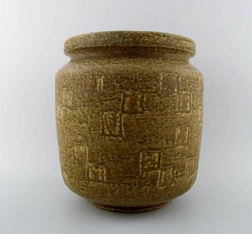 Saxbo Large Stoneware Vase In Modern Design, Glaze In Yellow Brown Tones photo for sale