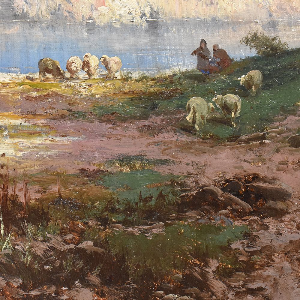 Landscape Painting, Mountain Landscape Painting, Sheep And Shepherds, Oil On Canvas, 19th Century. (Qp17) photo furniture
