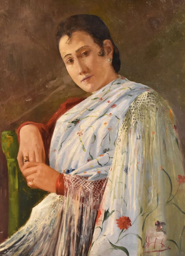 Portrait Painting, Woman With White Dress, Spanish, Oil On Canvas, 20th Century. (Qr47) photo for sale