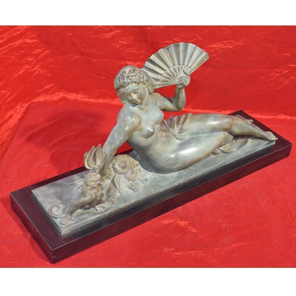 Antique Bronze Sculpture, Woman With Fan, Signed A. Soleau, French Sculptor, Art Deco.  (Stb31) photo Art
