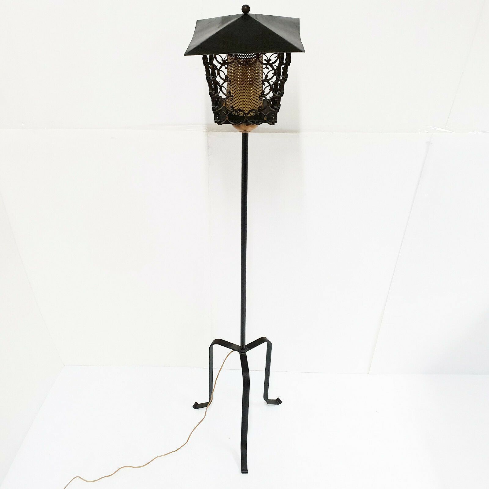 French Tripod 1950 Floor Lamp Rockabilly Perforated Metal Brass Steel photo for sale