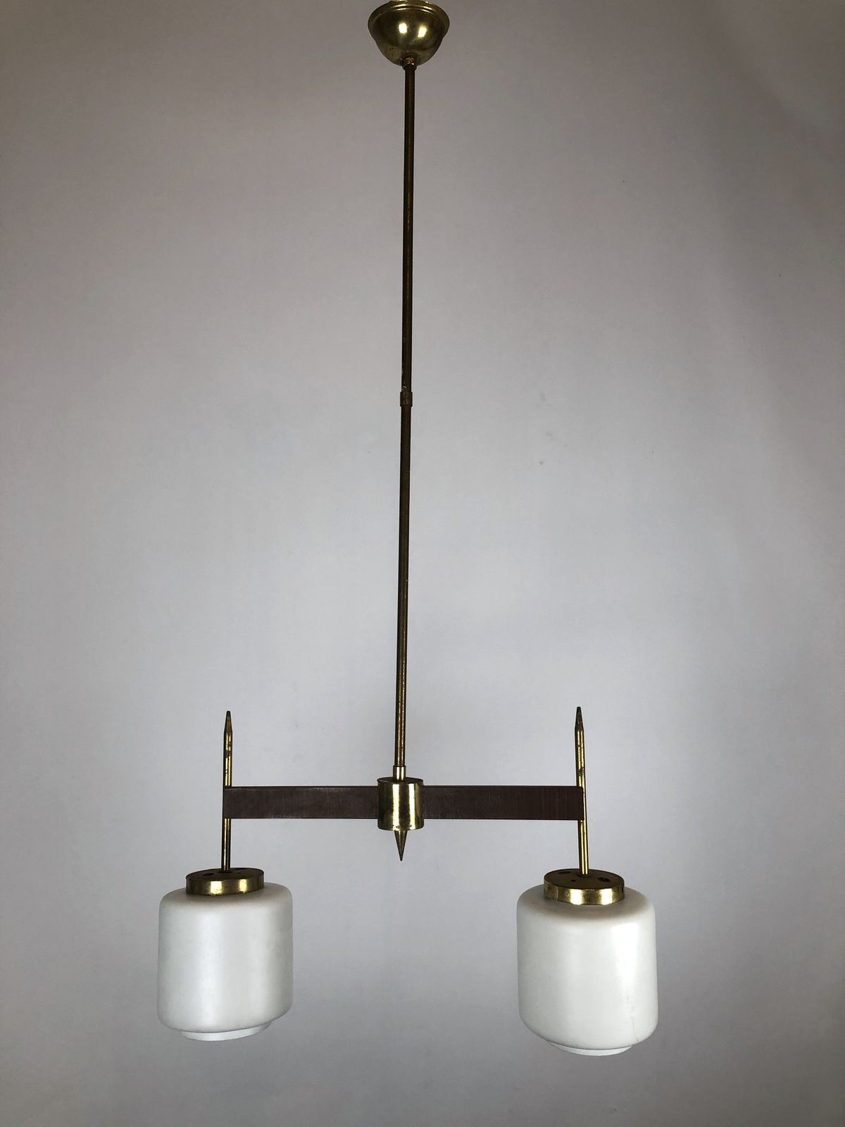 Vintage Italian Two Lights Brass, Wood And Opaline Chandelier From 50s photo buy