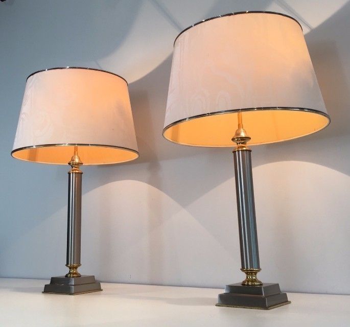 Pair Of Brushed Steel And Brass Lamps With Reclining Shades By Guy Lefèvre. Circa 1970 photo for sale