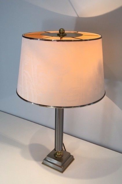 Pair Of Brushed Steel And Brass Lamps With Reclining Shades By Guy Lefèvre. Circa 1970 photo vinterior