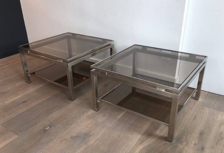 Pair Of Brushed Steel Side Tables With Smoked Glass By Guy Lefèvre For Maison Jansen. Circa 1970 photo for sale