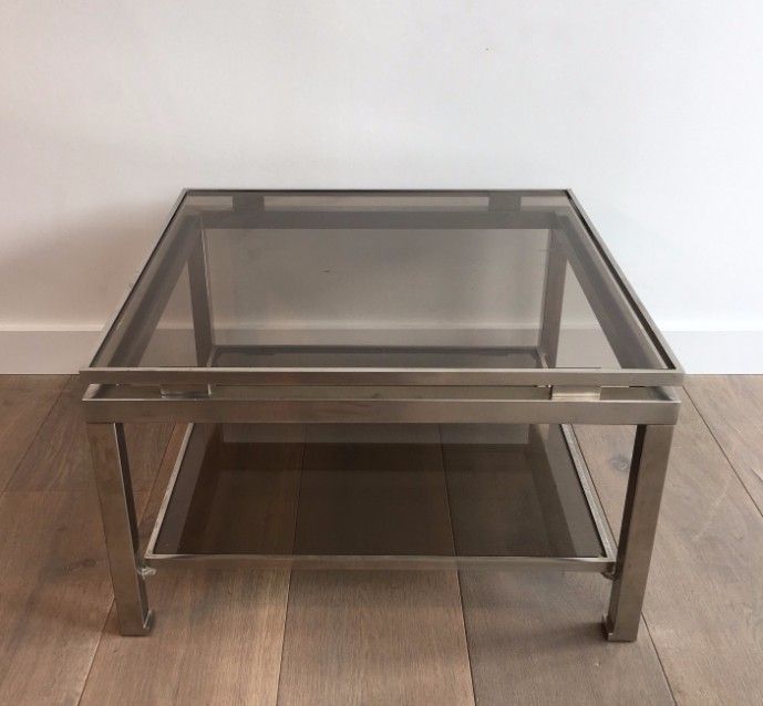 Pair Of Brushed Steel Side Tables With Smoked Glass By Guy Lefèvre For Maison Jansen. Circa 1970 photo vinterior