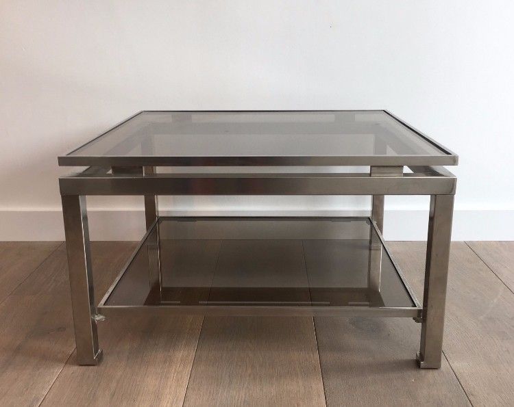 Pair Of Brushed Steel Side Tables With Smoked Glass By Guy Lefèvre For Maison Jansen. Circa 1970 photo buy