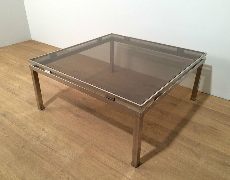 Guy Lefèvre. Brushed Steel Square Coffee Table. Circa 1970 photo for sale