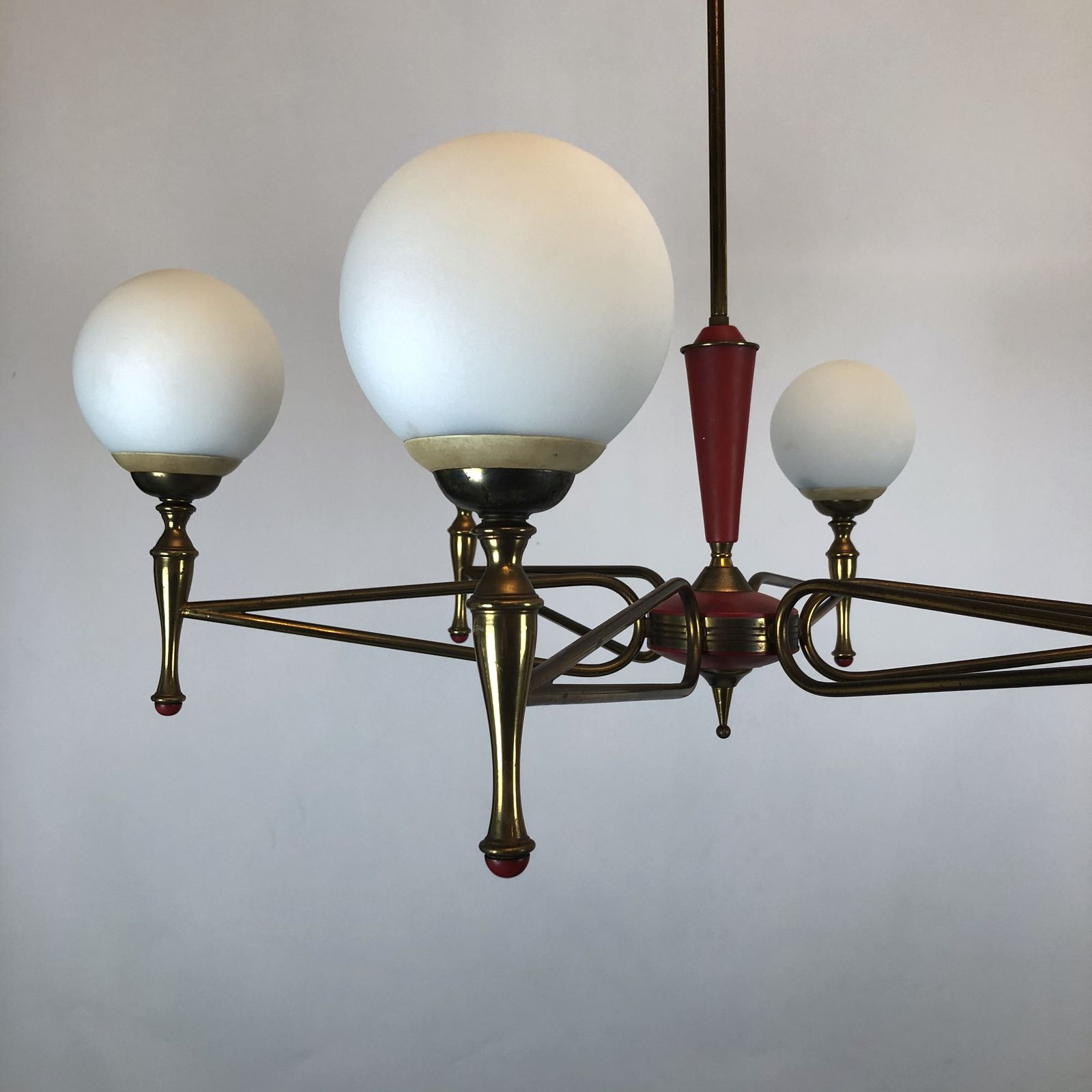 Large Stilnovo, Vintage Italian Red And Gold Chandelier From 50s photo Lighting