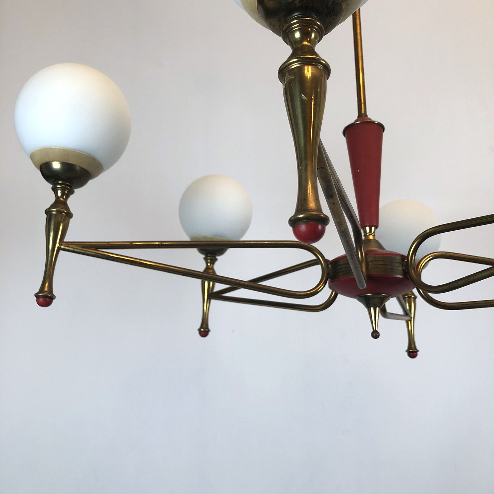 Large Stilnovo, Vintage Italian Red And Gold Chandelier From 50s photo vinterior