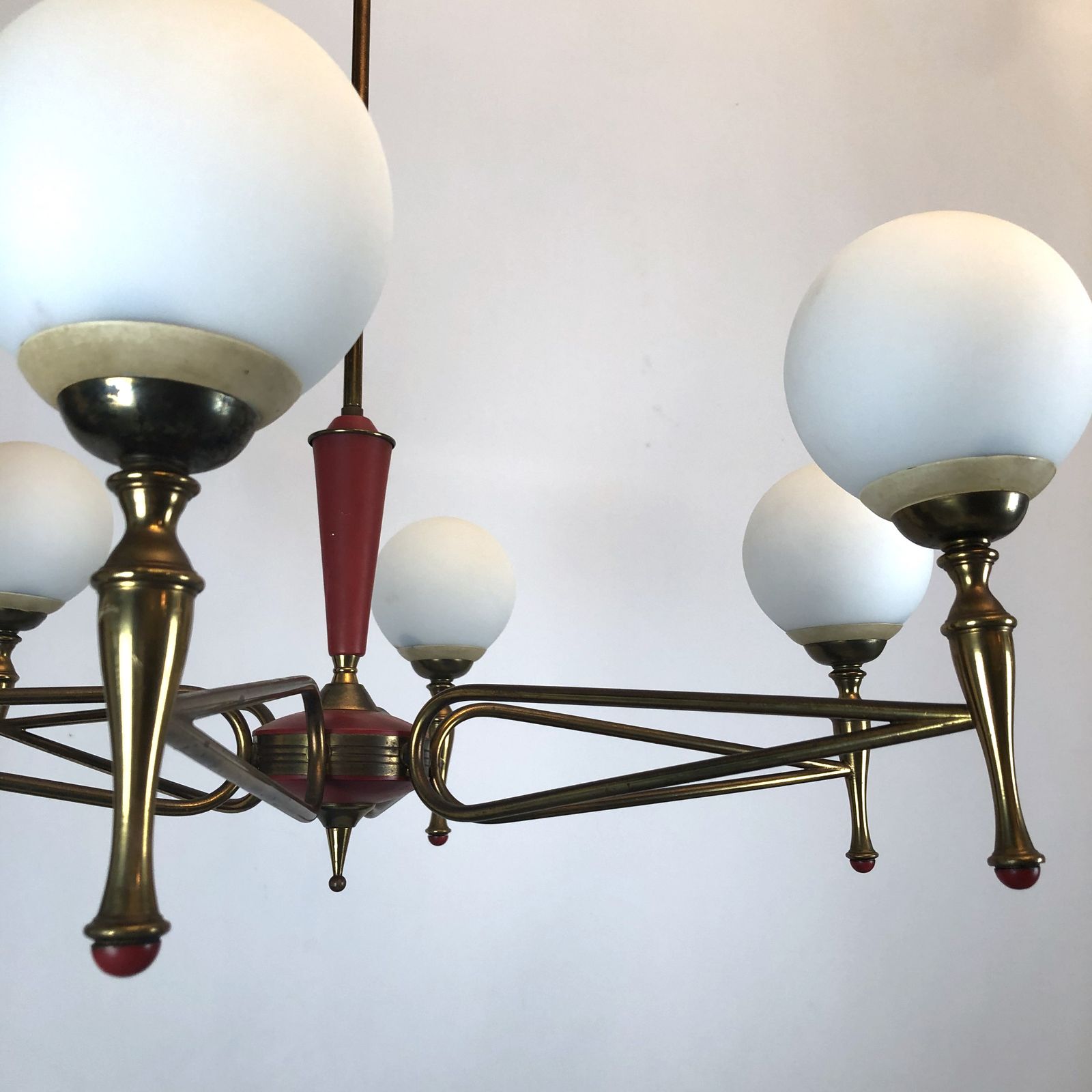 Large Stilnovo, Vintage Italian Red And Gold Chandelier From 50s photo vintage