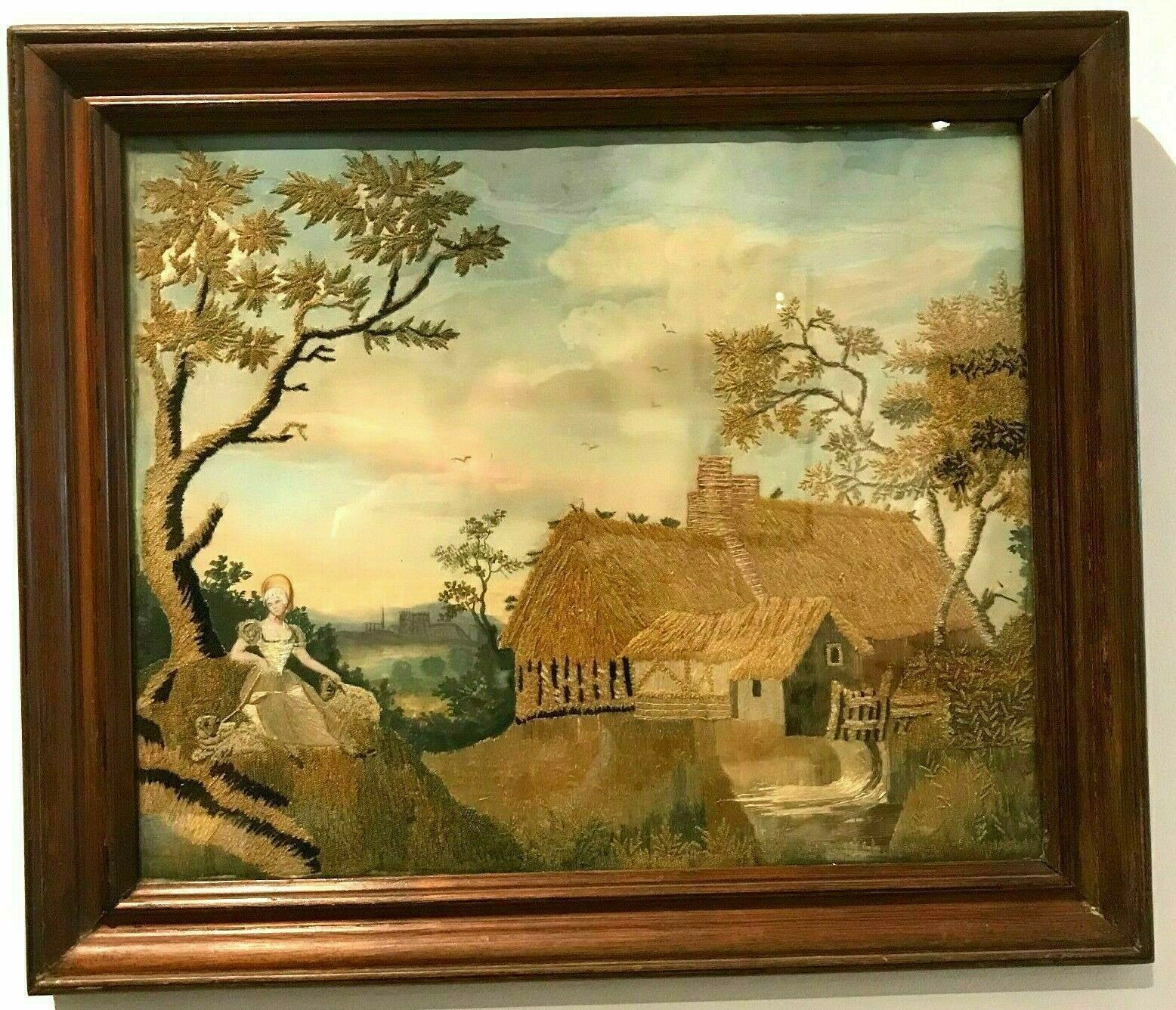 Table In Tapestry And Painting "Young Woman In The Countryside" XX Century