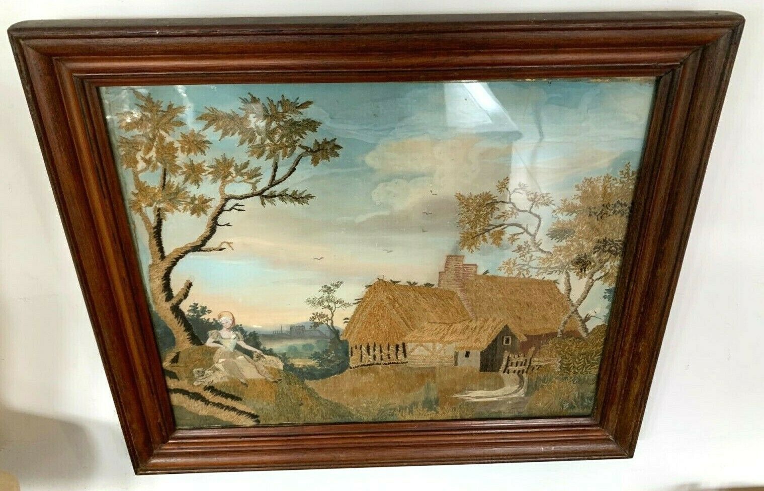 Table In Tapestry And Painting "Young Woman In The Countryside" XX Century photo furniture