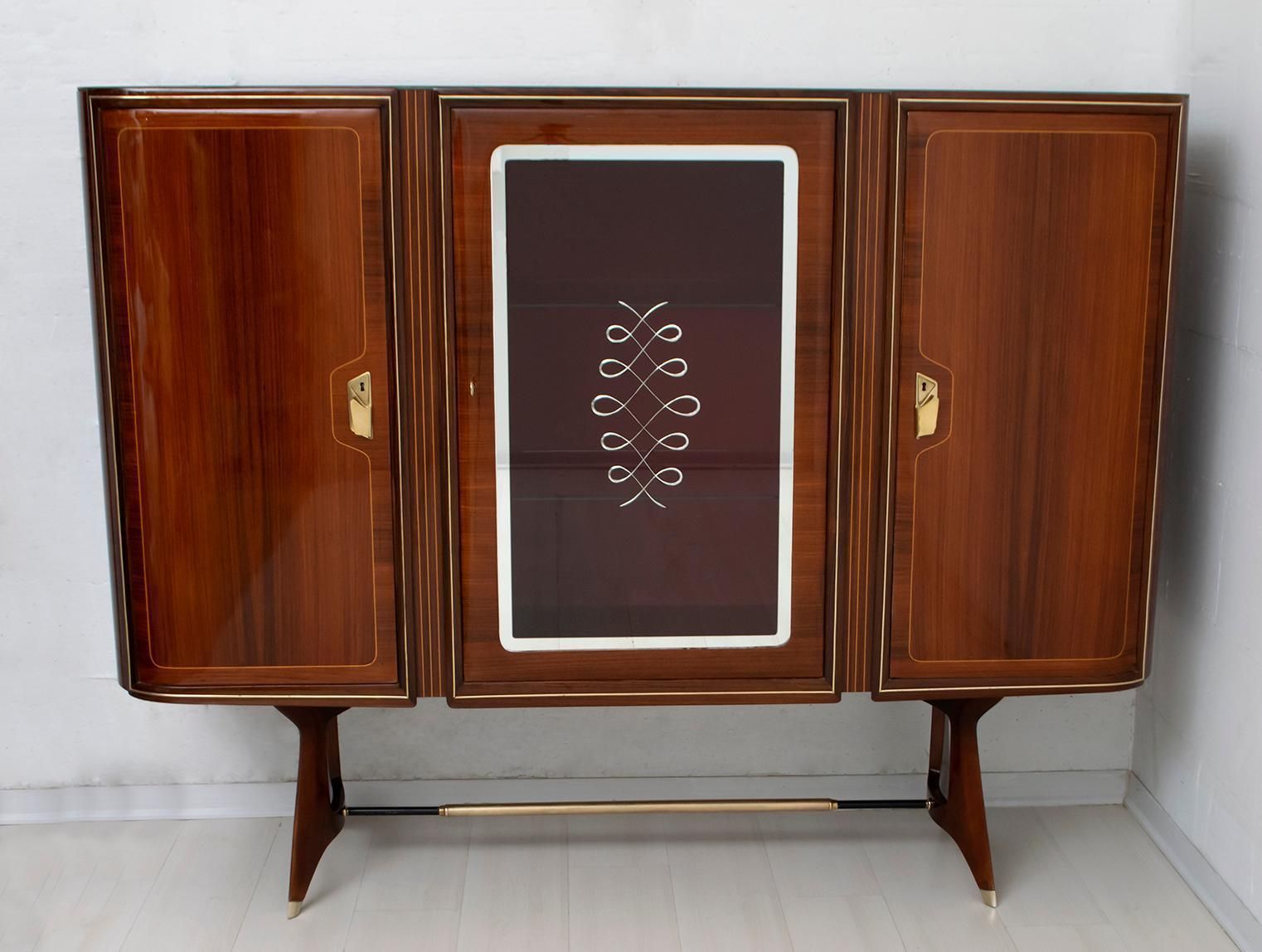After Gio Ponti Mid Century Modern Italian Mahogany And Brass Bar Cabinet, 1950s