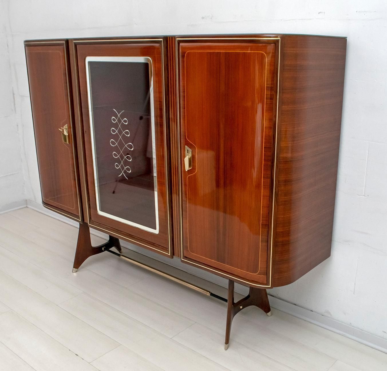 After Gio Ponti Mid Century Modern Italian Mahogany And Brass Bar Cabinet, 1950s photo Furniture