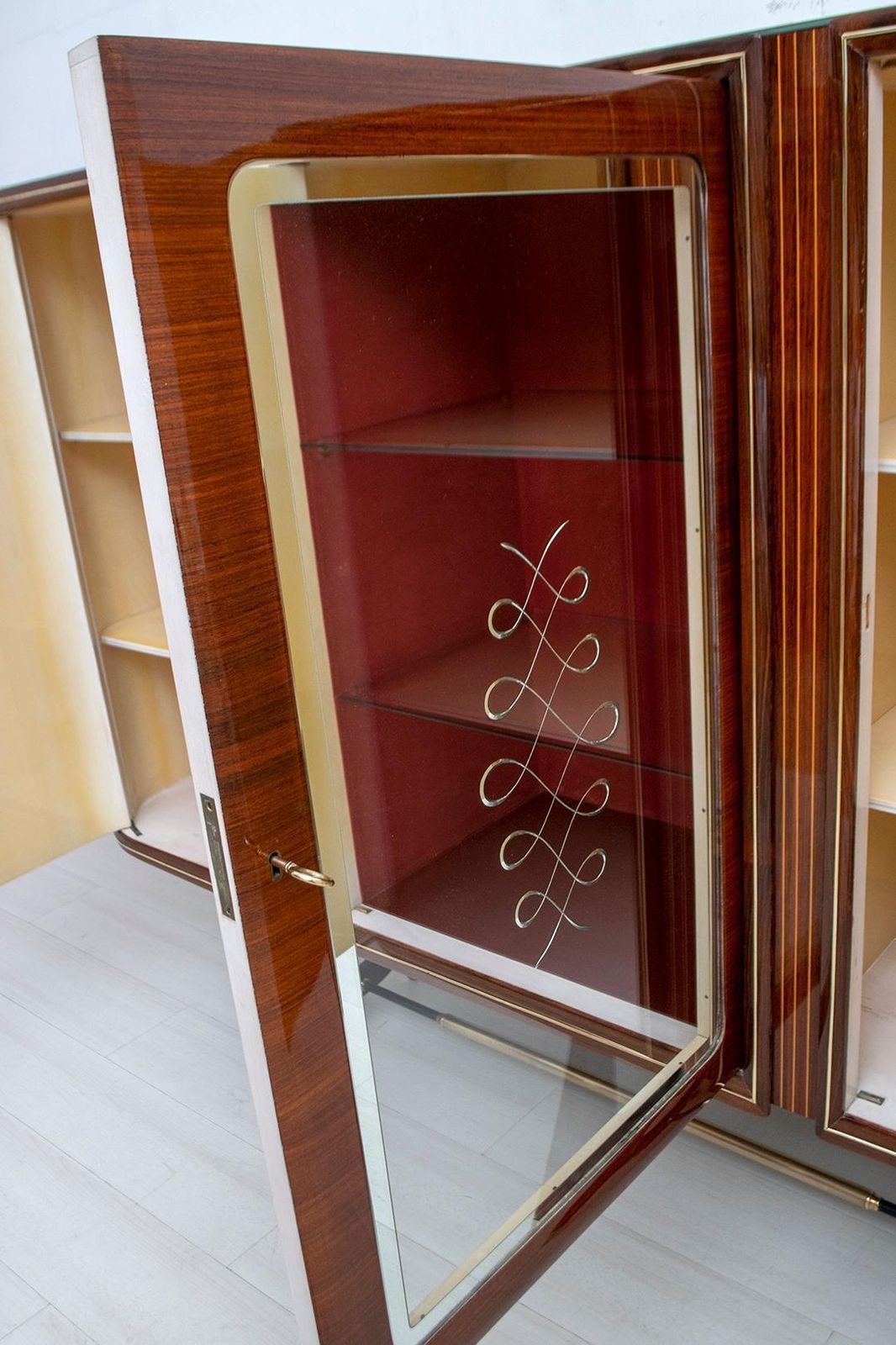 After Gio Ponti Mid Century Modern Italian Mahogany And Brass Bar Cabinet, 1950s photo buy