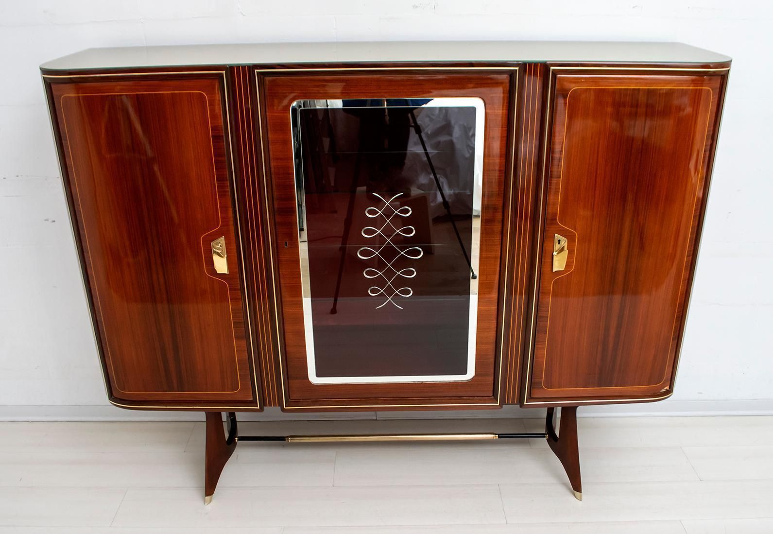 Furniture After Gio Ponti Mid Century Modern Italian Mahogany And Brass Bar Cabinet, 1950s photo