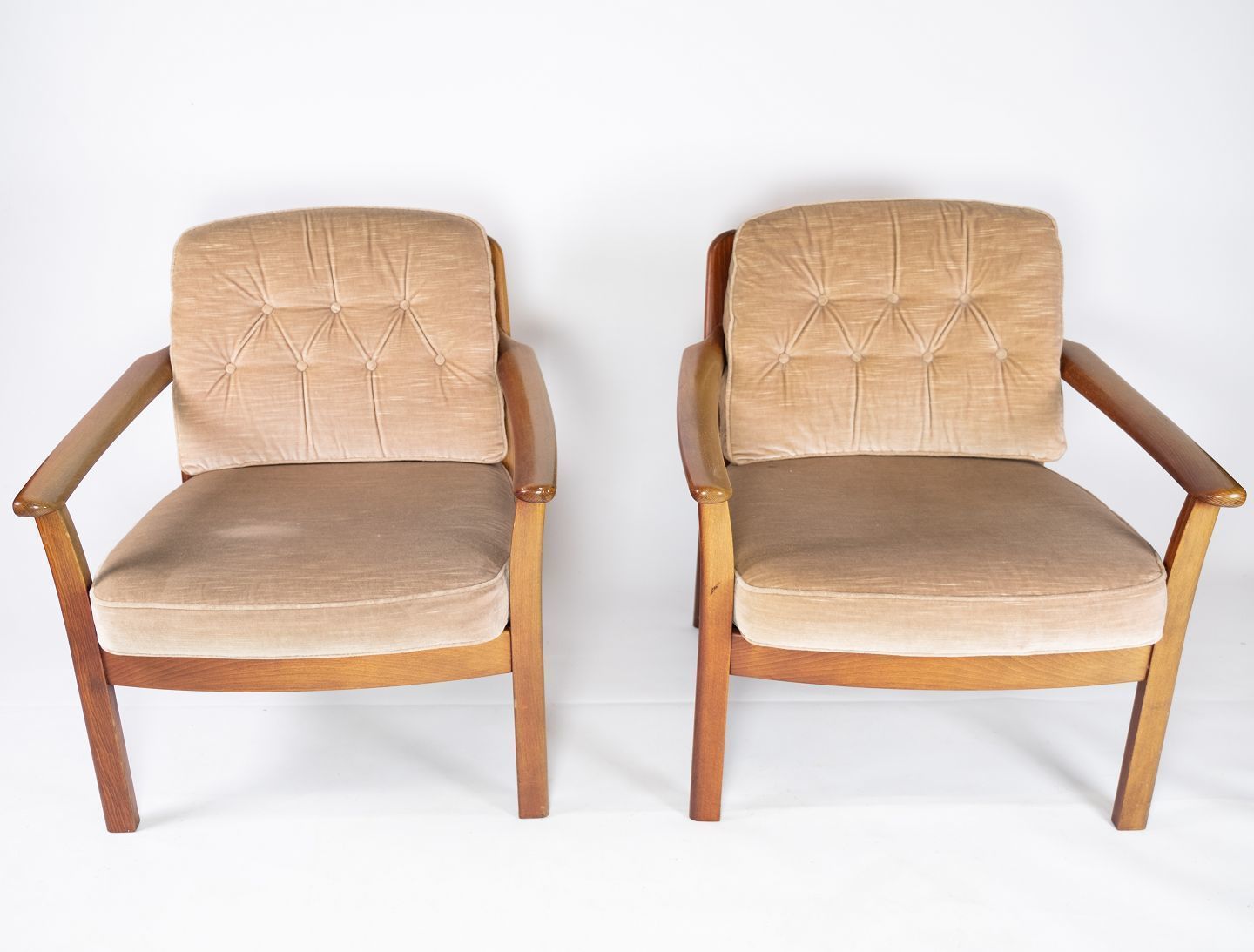 A Set Of Easy Chairs In Polished Wood And Cushions In Velor By Dansk Design From The 1960s.