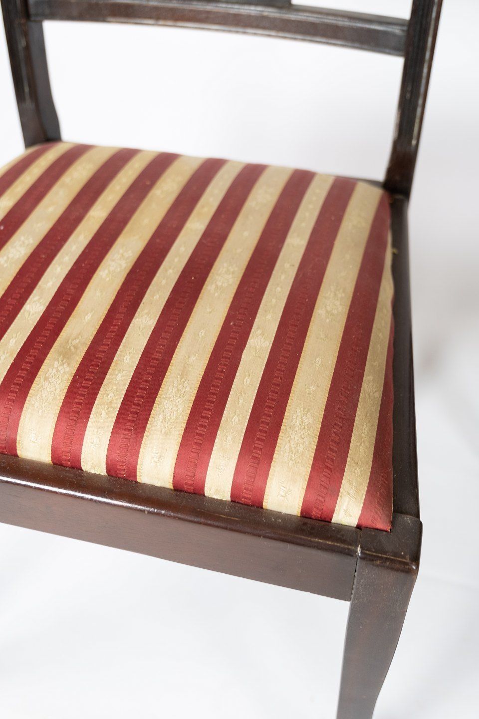 A Set Of 2 Mahogany Dining Chairs And Upholstered With Striped Fabric From The 1960s. photo Furniture