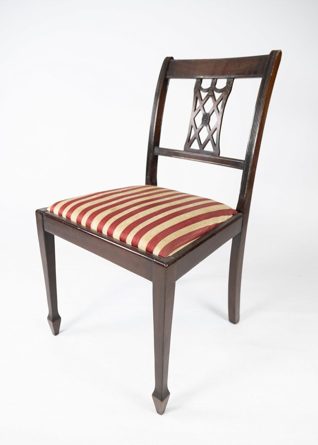 A Set Of 2 Mahogany Dining Chairs And Upholstered With Striped Fabric From The 1960s. photo 595.0