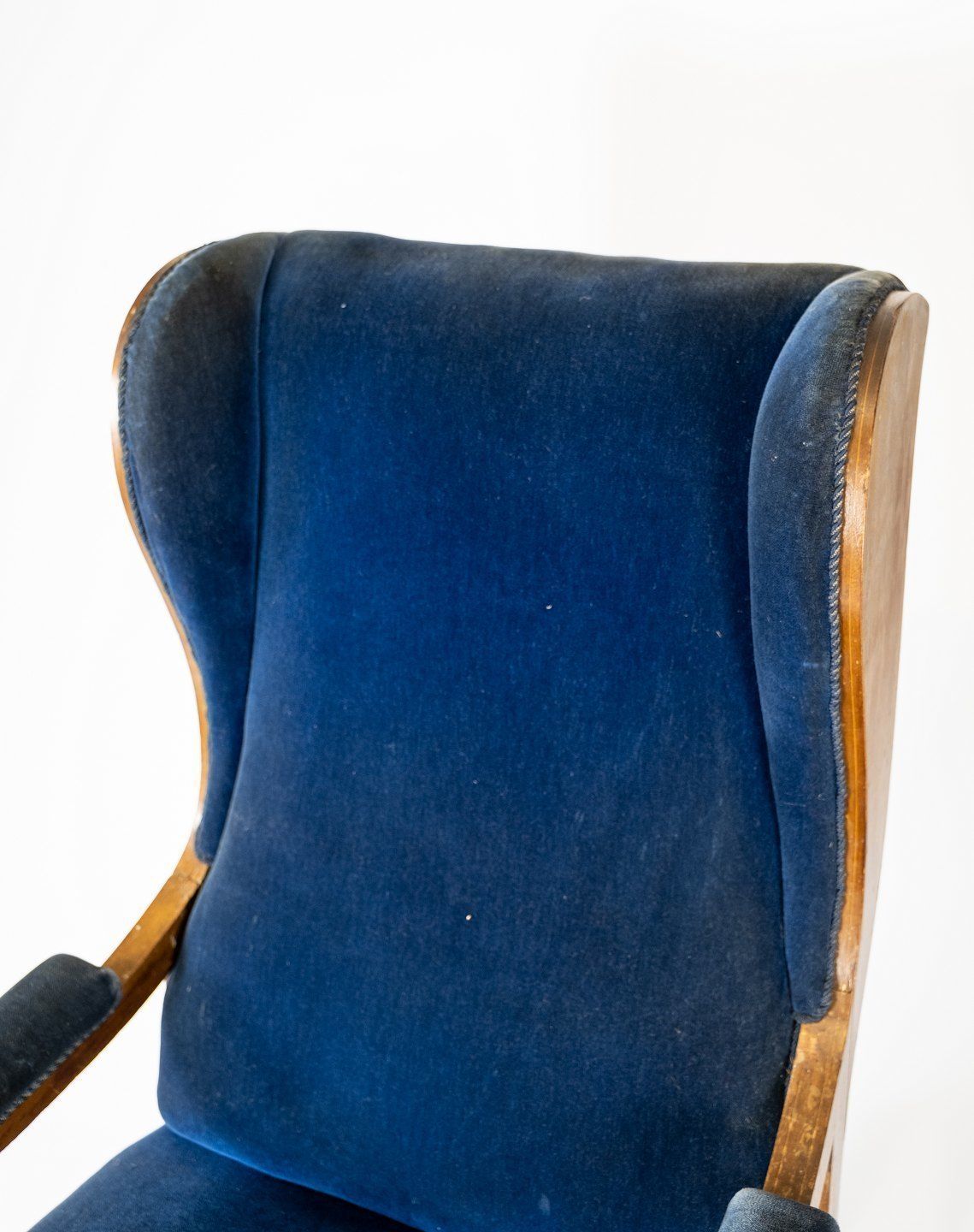 Antique Armchair Upholstered With Dark Blue Velor Fabric And Mahogany Designed By Fritz Henningsen. photo for sale