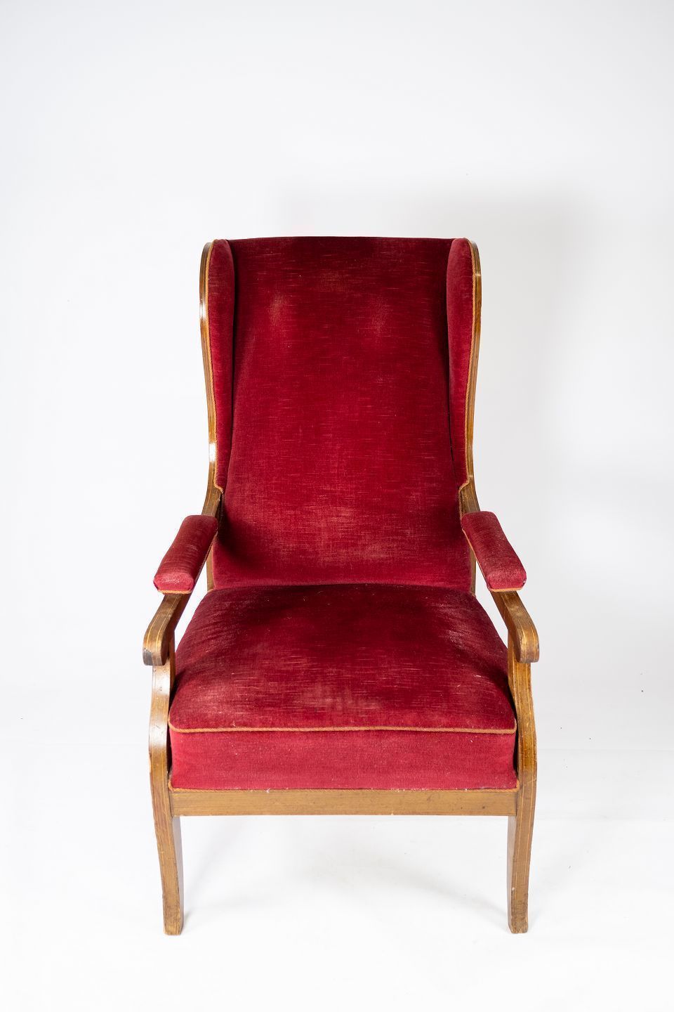 Armchair Upholstered With Red Velor Fabric And Mahogany Designed By Fritz Henningsen.
